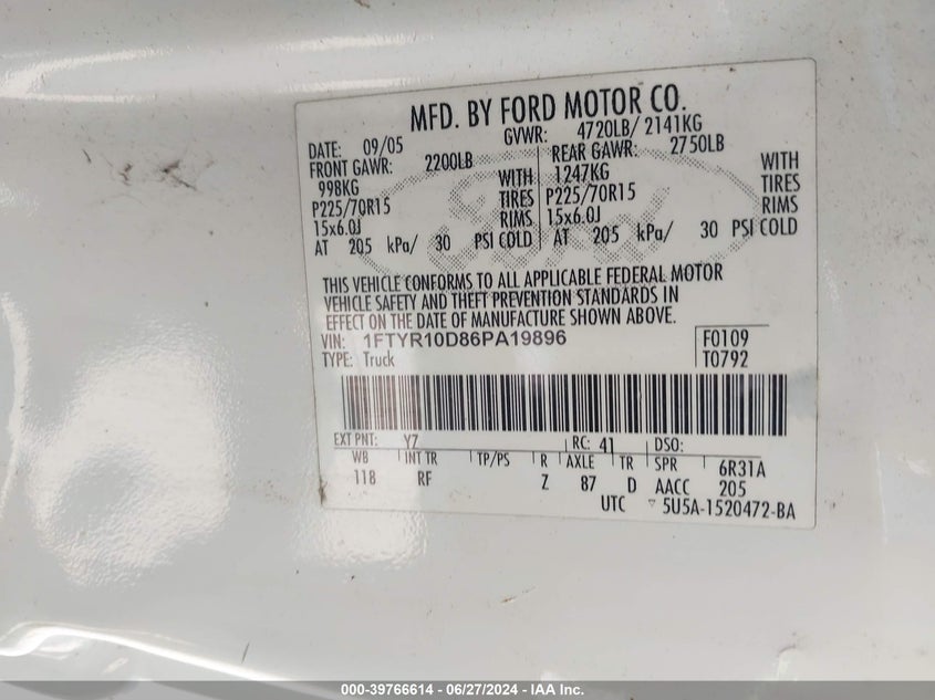 2006 Ford Ranger Xl/Xlt VIN: 1FTYR10D86PA19896 Lot: 39766614