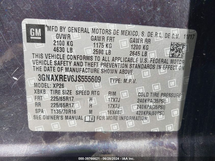 2018 Chevrolet Equinox Ls VIN: 3GNAXREV6JS555609 Lot: 39766621