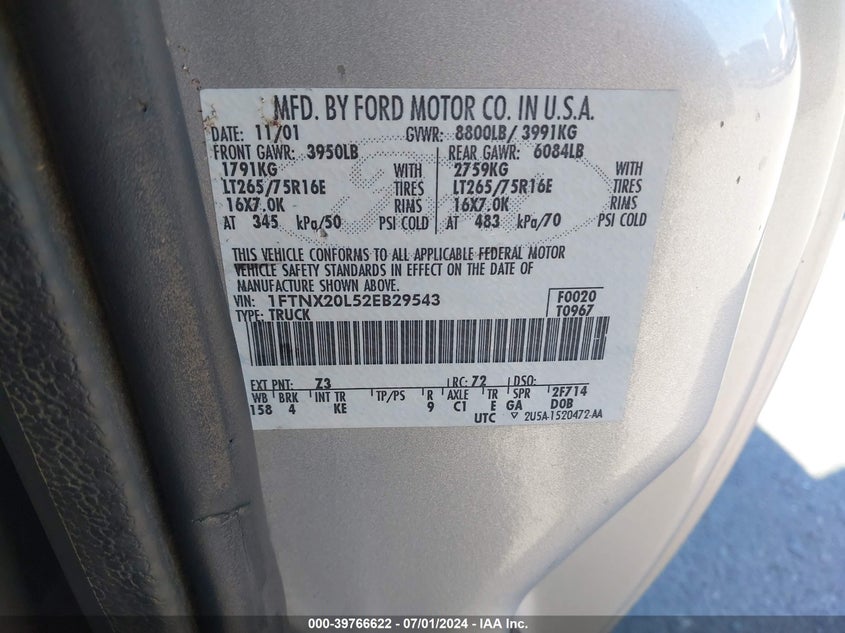 2002 Ford F-250 Lariat/Xl/Xlt VIN: 1FTNX20L52EB29543 Lot: 39766622