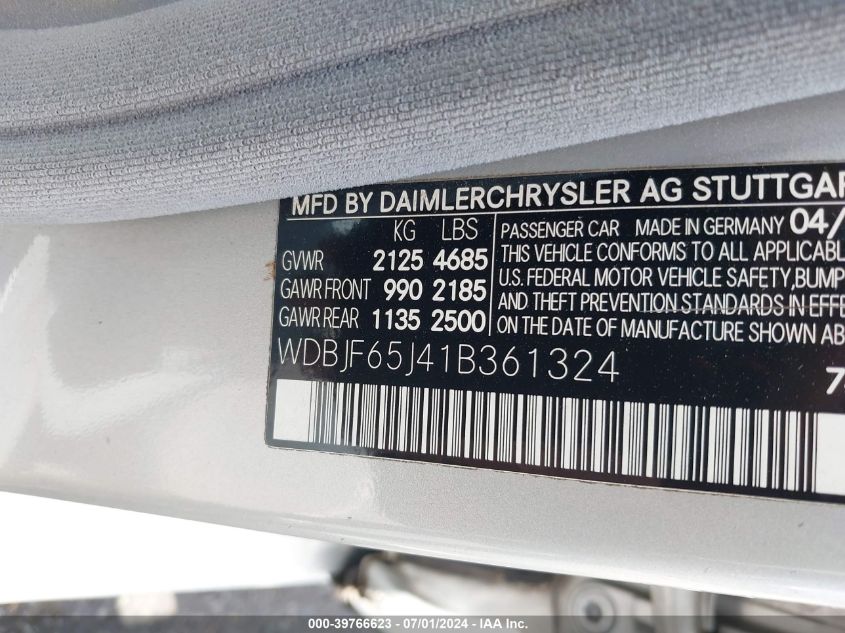 2001 Mercedes-Benz E 320 VIN: WDBJF65J41B361324 Lot: 39766623