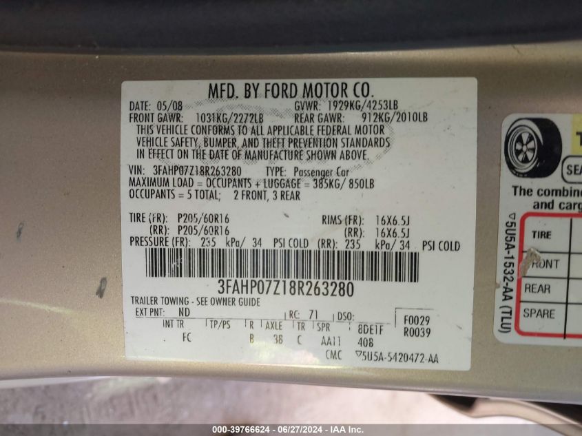 2008 Ford Fusion Se VIN: 3FAHP07Z18R263280 Lot: 39766624