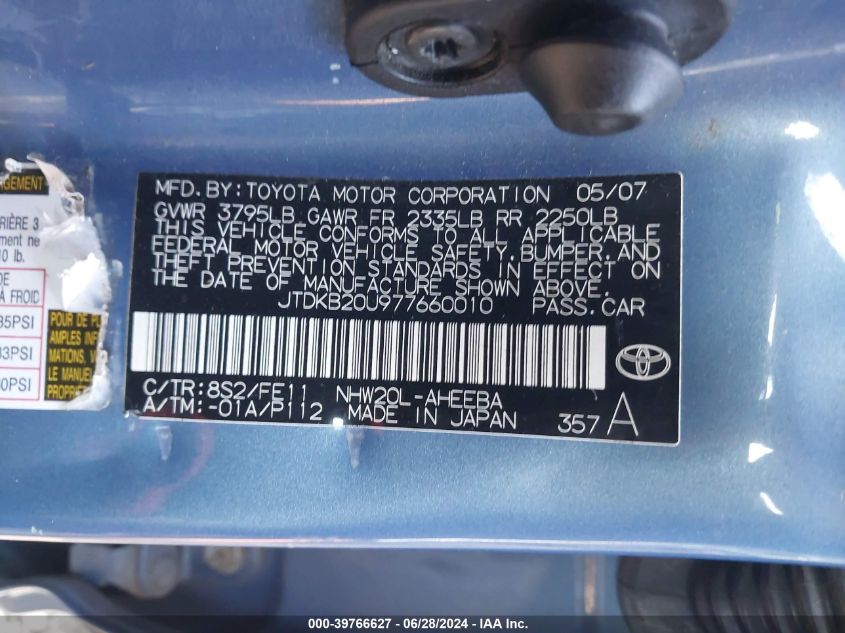 2007 Toyota Prius VIN: JTDKB20U977660010 Lot: 39766627