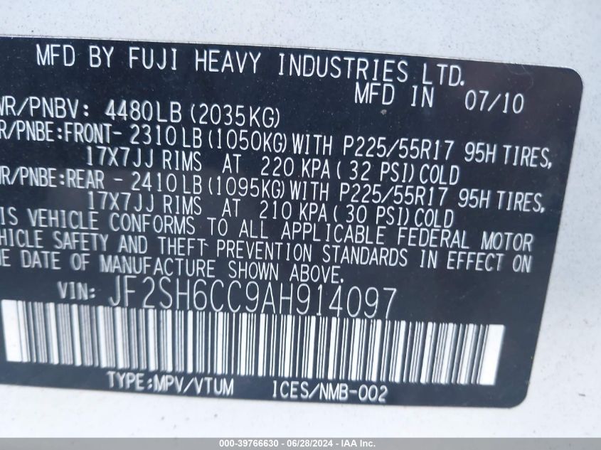 2010 Subaru Forester 2.5X Premium VIN: JF2SH6CC9AH914097 Lot: 39766630