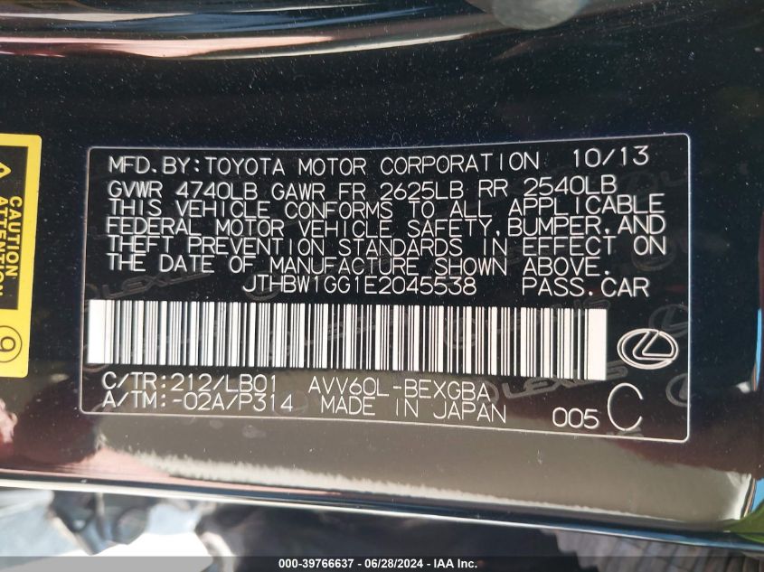 2014 Lexus Es 300H VIN: JTHBW1GG1E2045538 Lot: 39766637