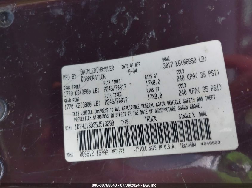 2005 Dodge Ram 1500 Slt/Laramie VIN: 1D7HU18D35J513299 Lot: 39766640