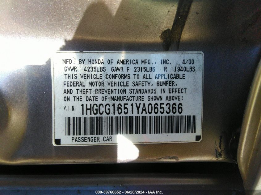 2000 Honda Accord Ex VIN: 1HGCG1651YA065366 Lot: 39766652