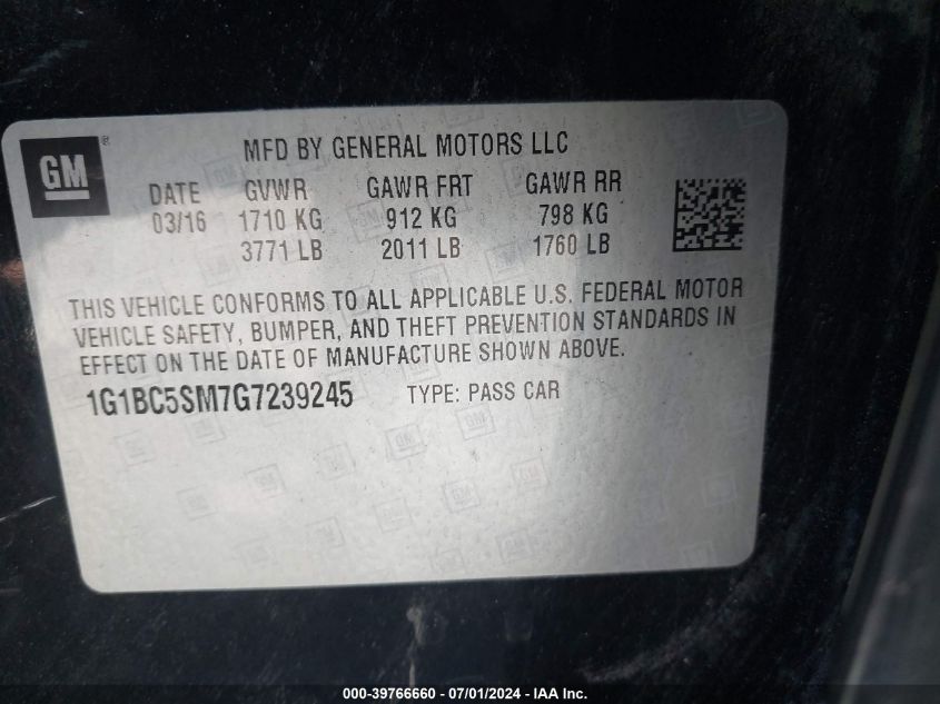 2016 Chevrolet Cruze Ls Auto VIN: 1G1BC5SM7G7239245 Lot: 39766660