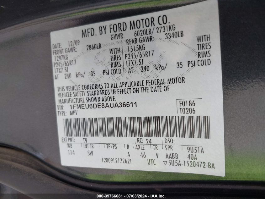 2010 Ford Explorer Xlt VIN: 1FMEU6DE8AUA36611 Lot: 39766681