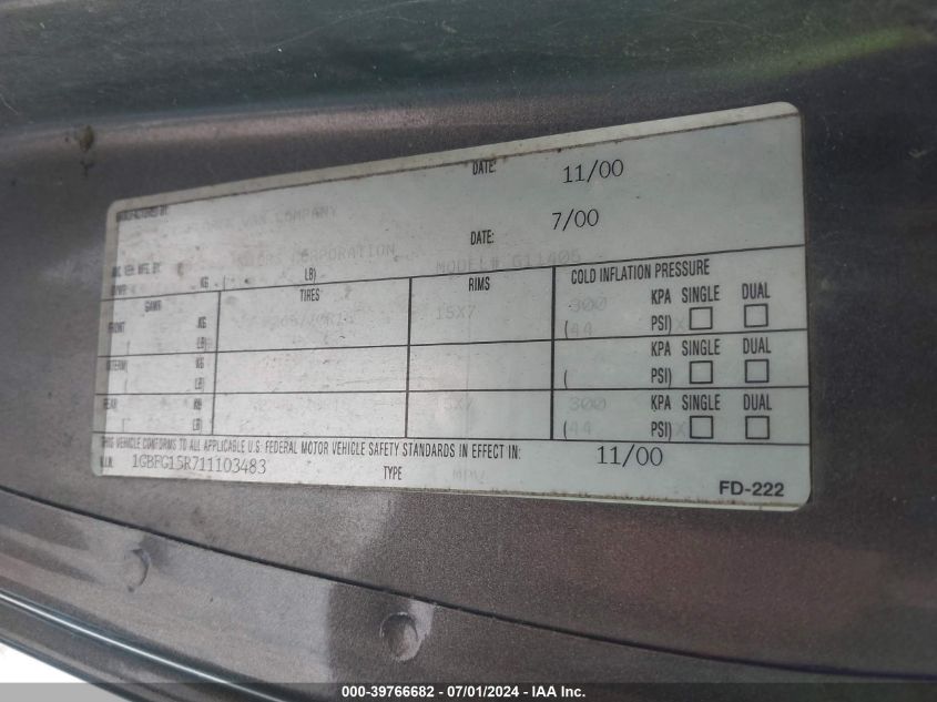 2001 Chevrolet Express Upfitter VIN: 1GBFG15R711103483 Lot: 39766682