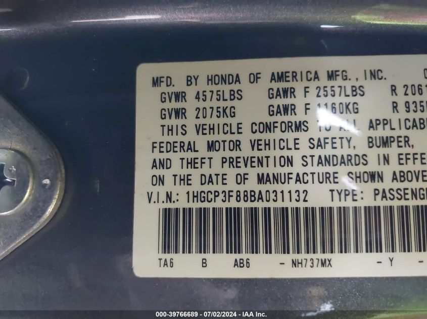 2011 Honda Accord Exl VIN: 1HGCP3F88BA031132 Lot: 39766689