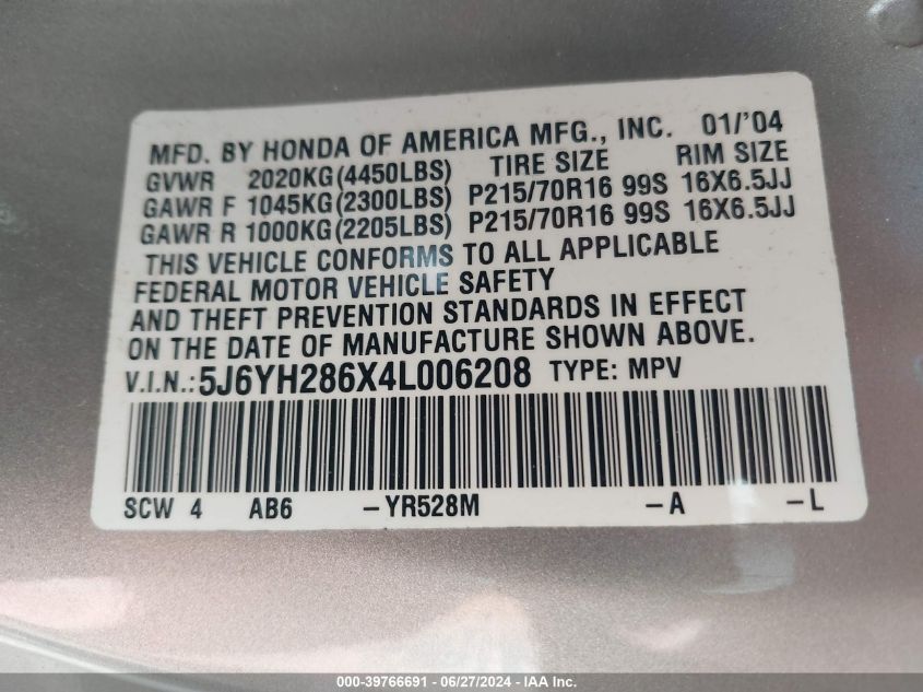 2004 Honda Element Ex VIN: 5J6YH286X4L006208 Lot: 39766691