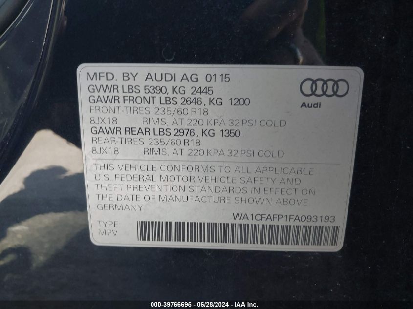 2015 Audi Q5 Premium VIN: WA1CFAFP1FA093193 Lot: 39766695