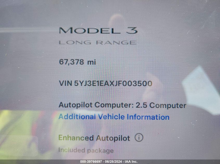 2018 Tesla Model 3 VIN: 5YJ3E1EAXJF003500 Lot: 39766697