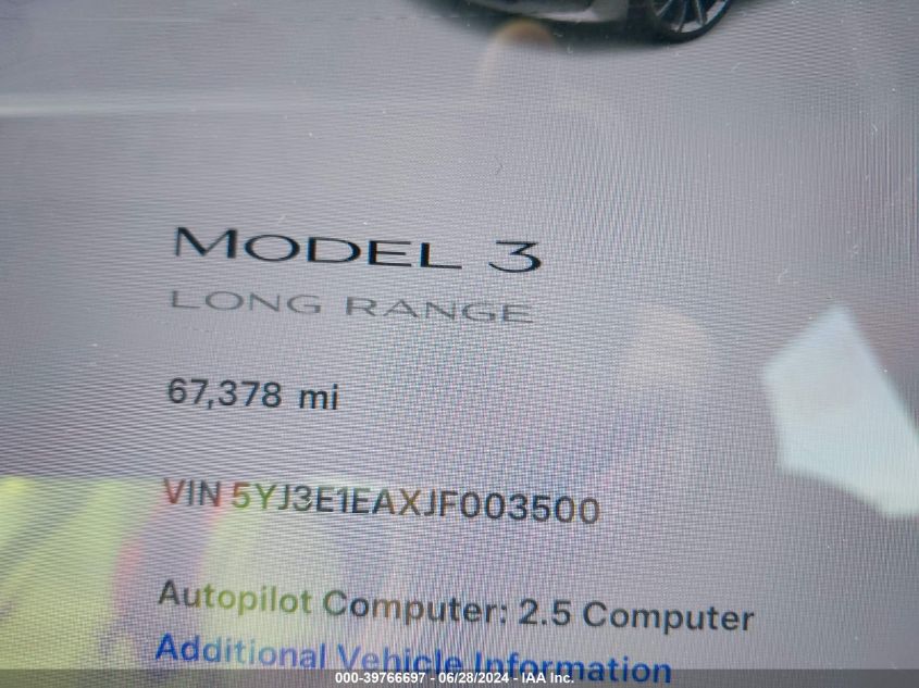 2018 Tesla Model 3 VIN: 5YJ3E1EAXJF003500 Lot: 39766697