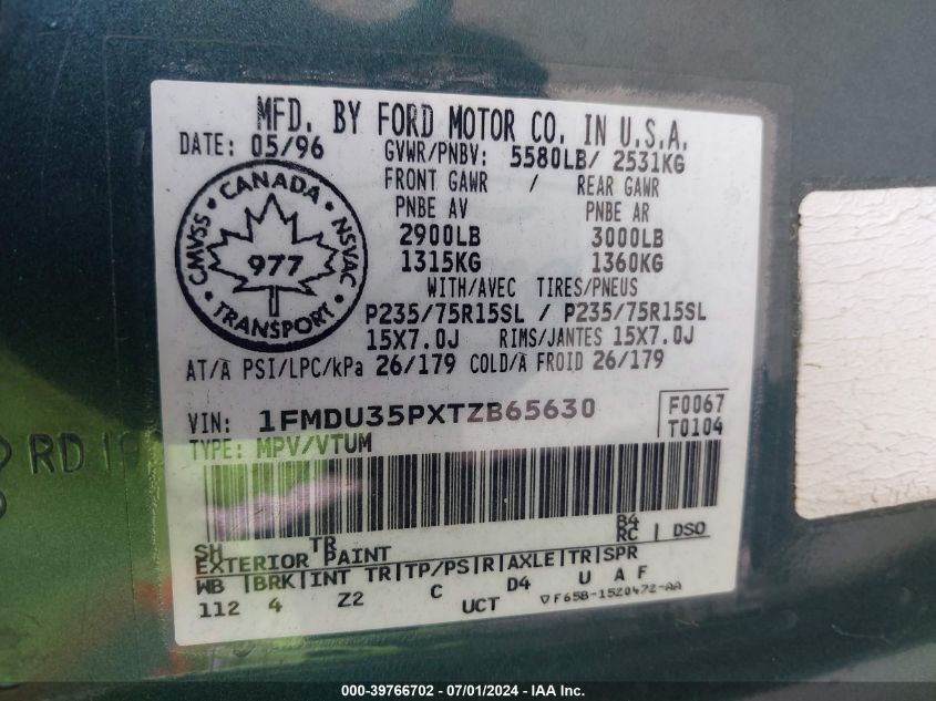 1996 Ford Explorer VIN: 1FMDU35PXTZB65630 Lot: 39766702