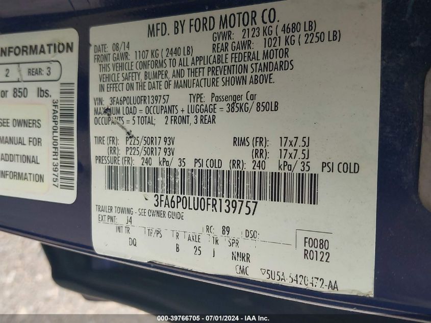 2015 Ford Fusion Hybrid Se VIN: 3FA6P0LU0FR139757 Lot: 39766705