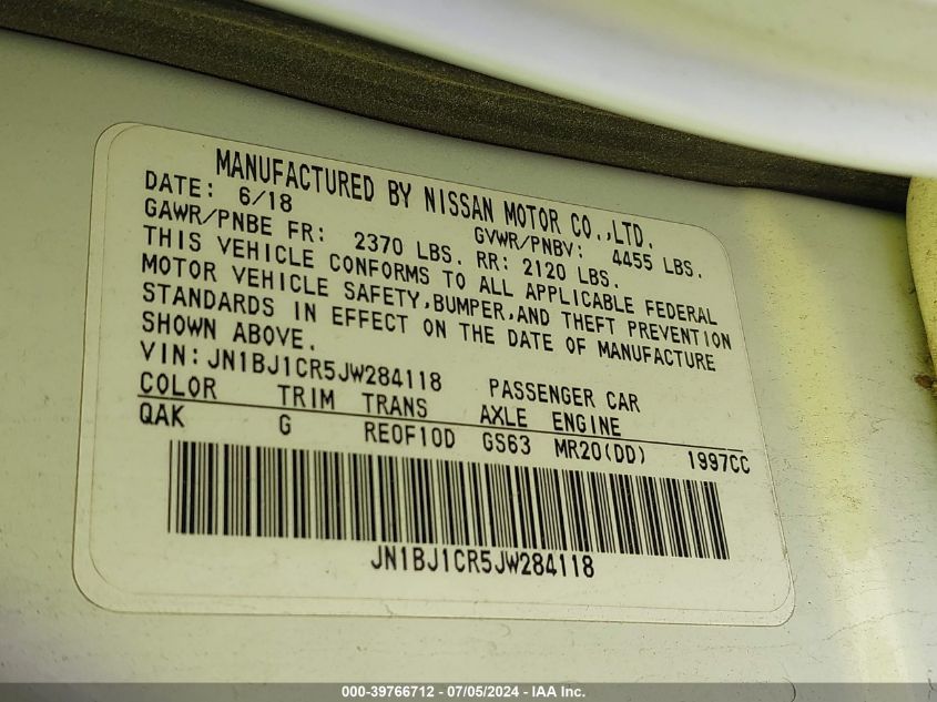2018 Nissan Rogue Sport S VIN: JN1BJ1CR5JW284118 Lot: 39766712