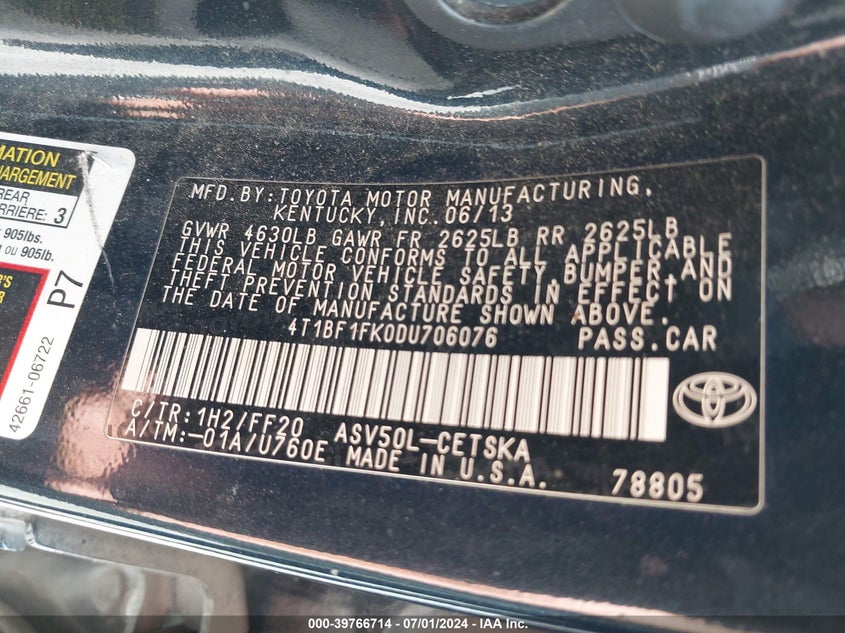 2013 Toyota Camry Se VIN: 4T1BF1FK0DU706076 Lot: 39766714