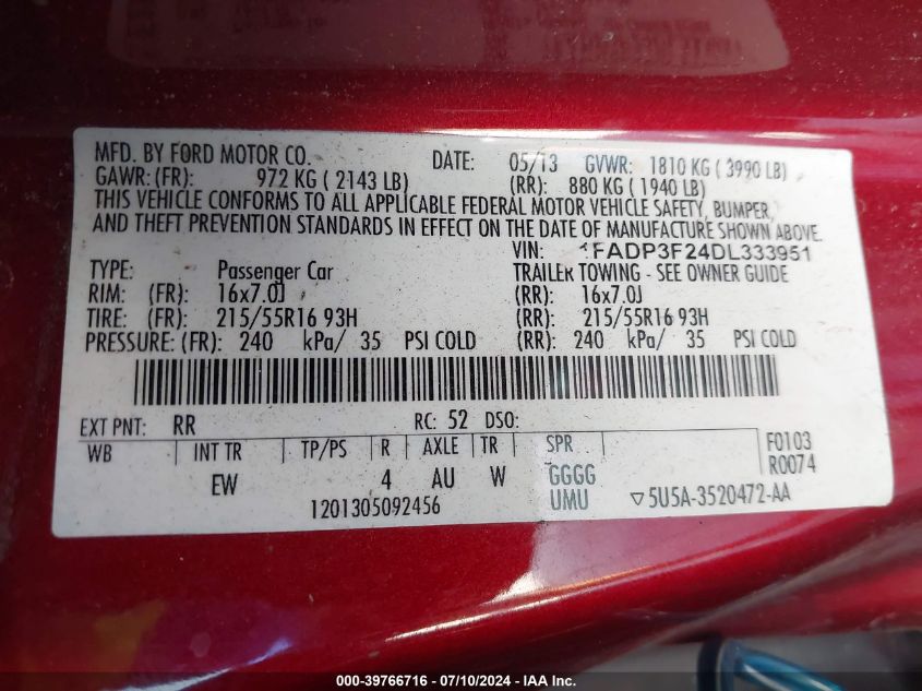 2013 Ford Focus Se VIN: 1FADP3F24DL333951 Lot: 39766716