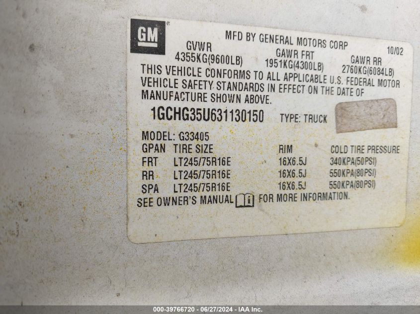 2003 Chevrolet Express VIN: 1GCHG35U631130150 Lot: 39766720