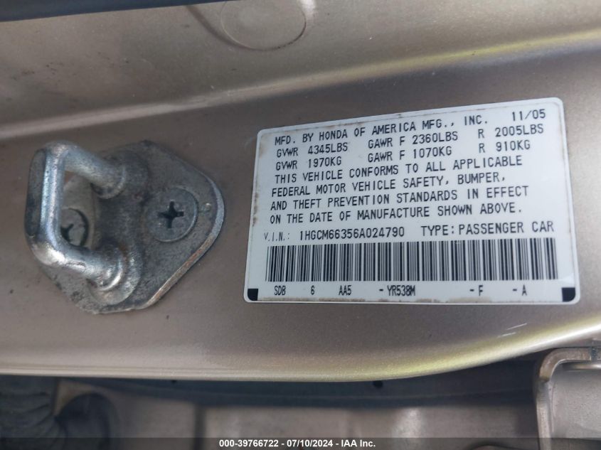 2006 Honda Accord 3.0 Lx VIN: 1HGCM66356A024790 Lot: 39766722