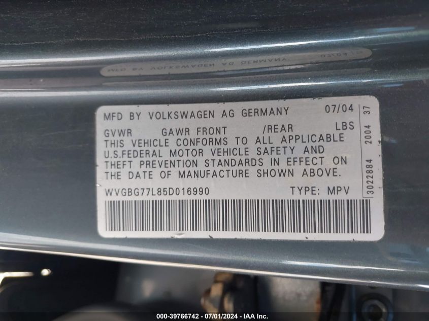 2005 Volkswagen Touareg V6 VIN: WVGBG77L85D016990 Lot: 39766742