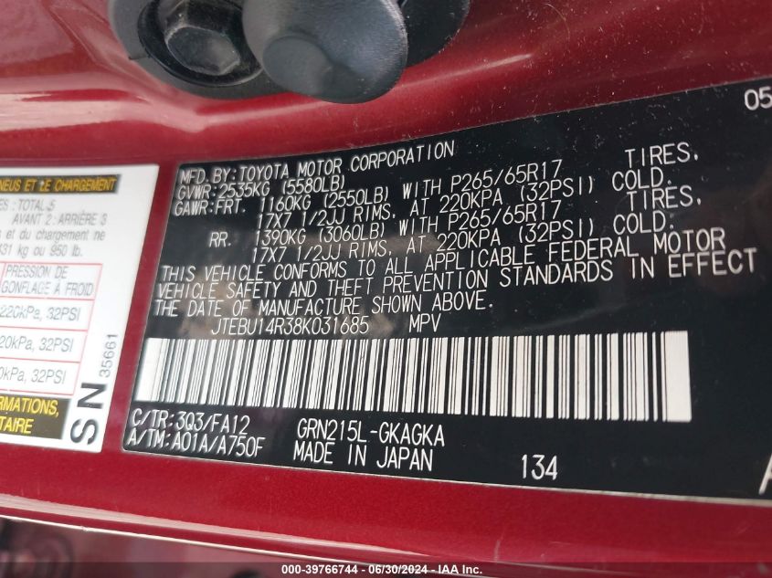 2008 Toyota 4Runner Sr5 V6 VIN: JTEBU14R38K031685 Lot: 39766744