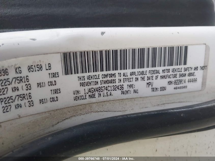 2004 Jeep Grand Cherokee Laredo VIN: 1J4GX48S74C132436 Lot: 39766748