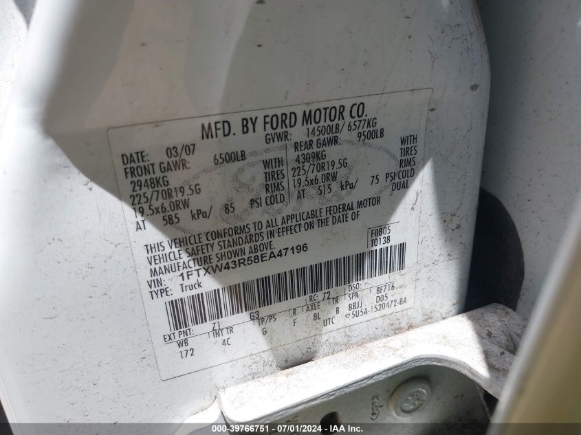 2008 Ford F-450 King Ranch/Lariat/Xl/Xlt VIN: 1FTXW43R58EA47196 Lot: 39766751