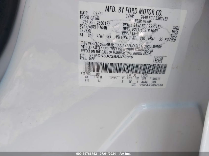 2011 Ford Edge Sel VIN: 2FMDK3JC2BBA79819 Lot: 39766752