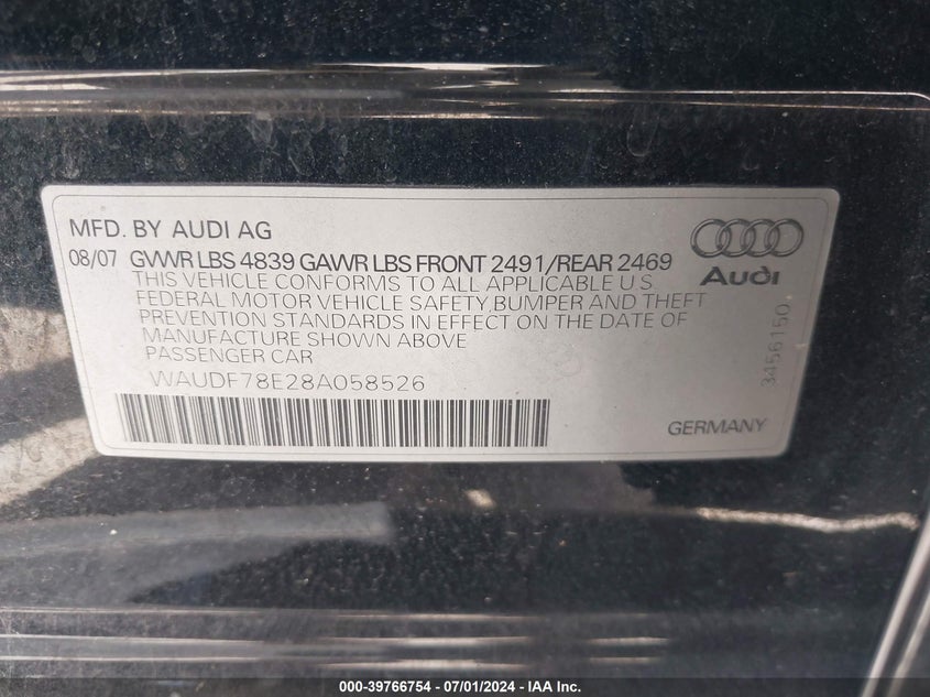 2008 Audi A4 2.0T VIN: WAUDF78E28A058526 Lot: 39766754