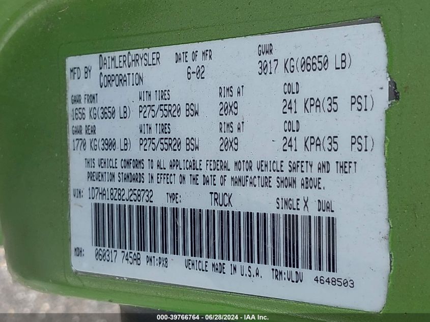 2002 Dodge Ram 1500 St VIN: 1D7HA18Z82J258732 Lot: 39766764