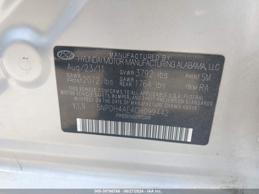 2012 Hyundai Elantra Gls VIN: 5NPDH4AE4CH099442 Lot: 39766766