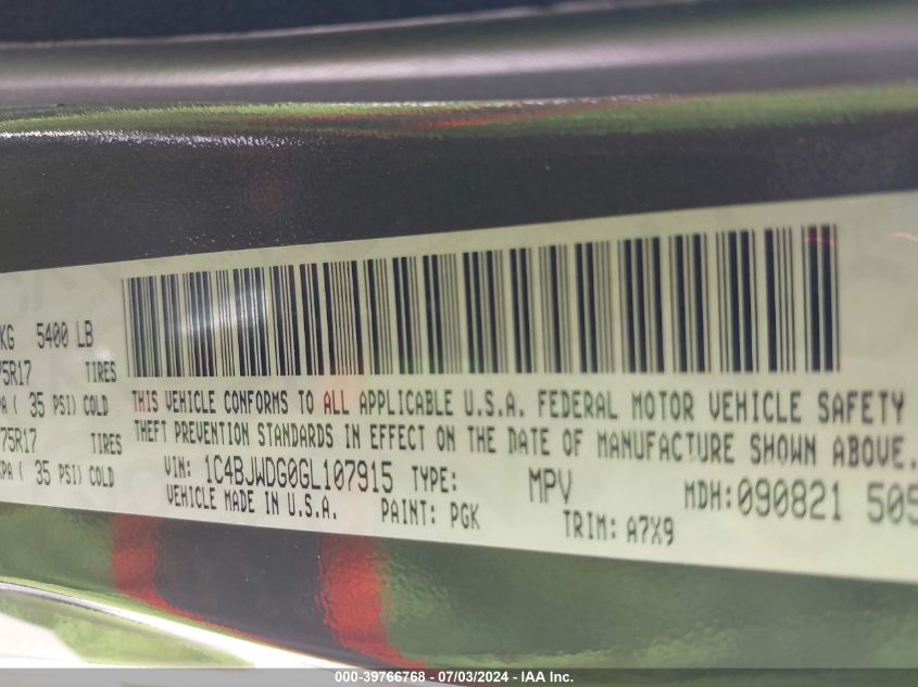 2016 Jeep Wrangler Unlimited Sport VIN: 1C4BJWDG0GL107915 Lot: 39766768