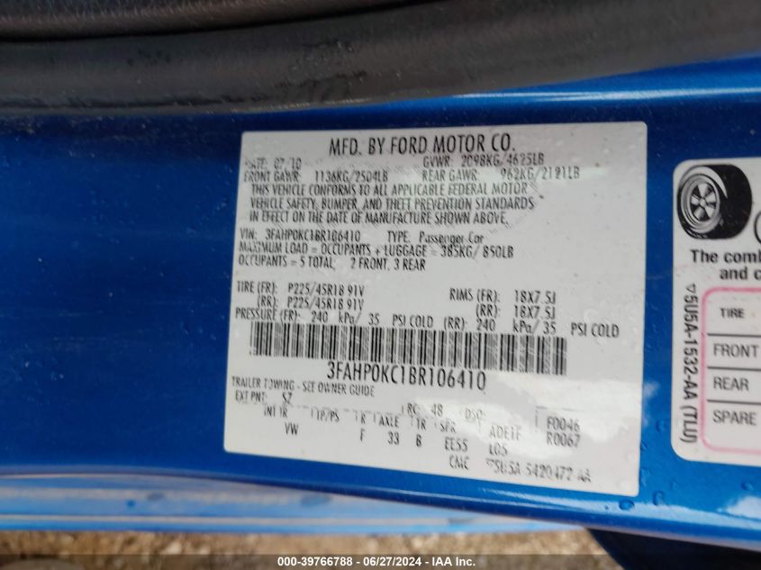 2011 Ford Fusion Sport VIN: 3FAHP0KC1BR106410 Lot: 39766788