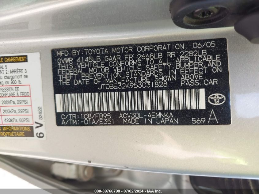 2005 Toyota Camry Std VIN: JTDBE32K953031828 Lot: 39766798