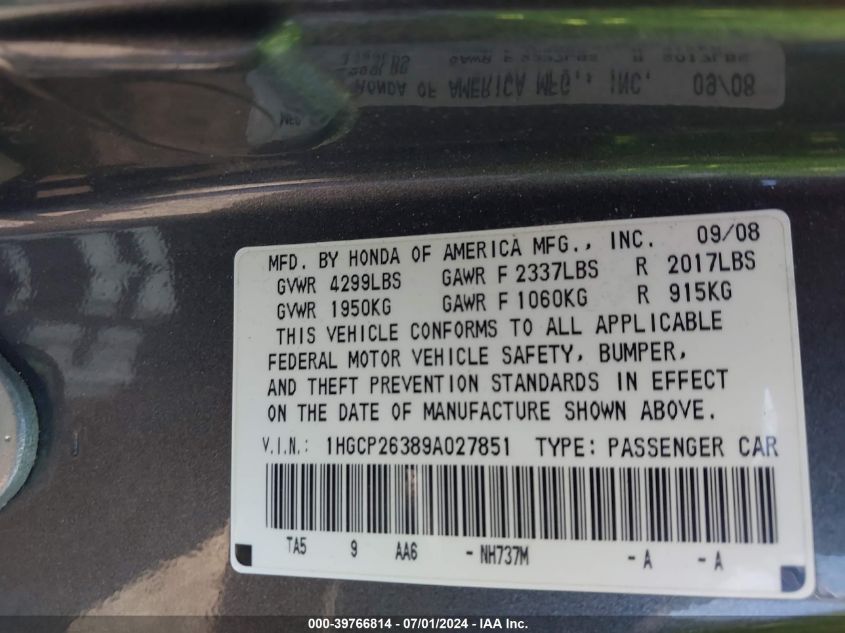 2009 Honda Accord 2.4 Lx VIN: 1HGCP26389A027851 Lot: 39766814
