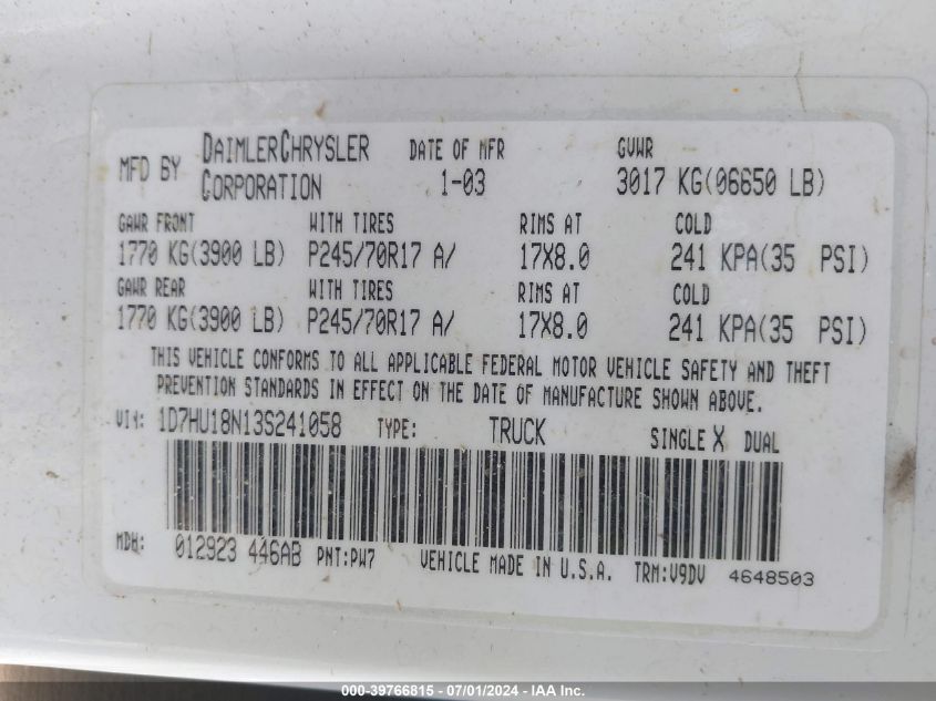 2003 Dodge Ram 1500 Slt/Laramie/St VIN: 1D7HU18N13S241058 Lot: 39766815