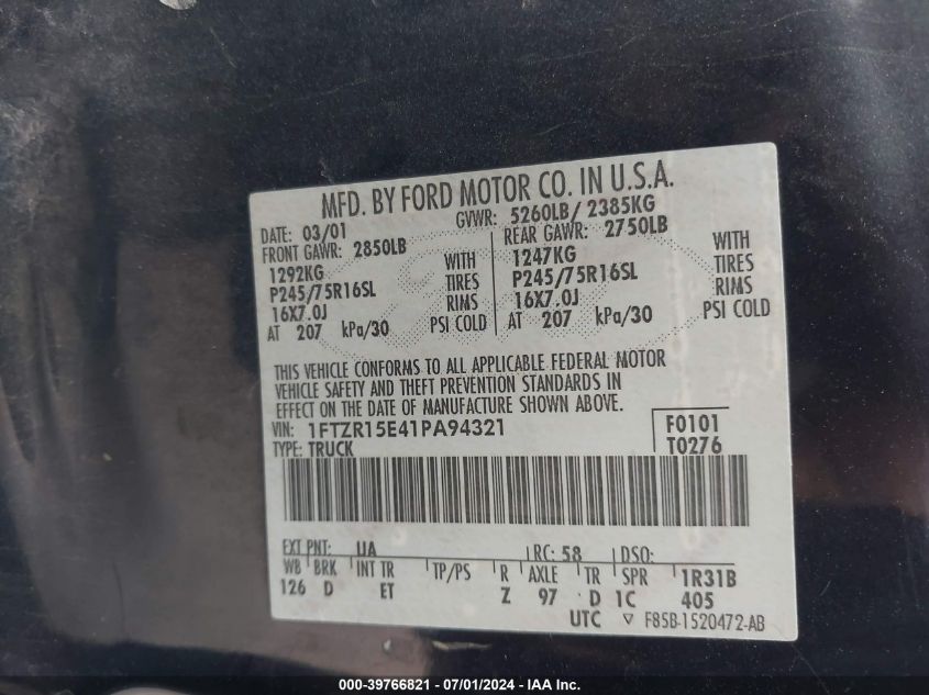 2001 Ford Ranger Edge/Xlt/Xlt Off-Rd VIN: 1FTZR15E41PA94321 Lot: 39766821