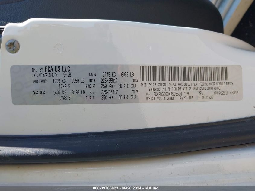 2019 Dodge Grand Caravan Gt VIN: 2C4RDGEG8KR565504 Lot: 39766823