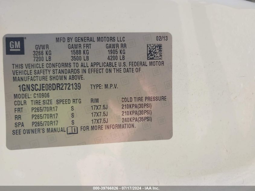 2013 Chevrolet Suburban 1500 Lt VIN: 1GNSCJE08DR272139 Lot: 39766826