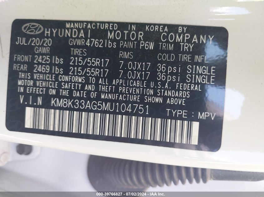 2021 Hyundai Kona Electric Limited VIN: KM8K33AG5MU104751 Lot: 39766827