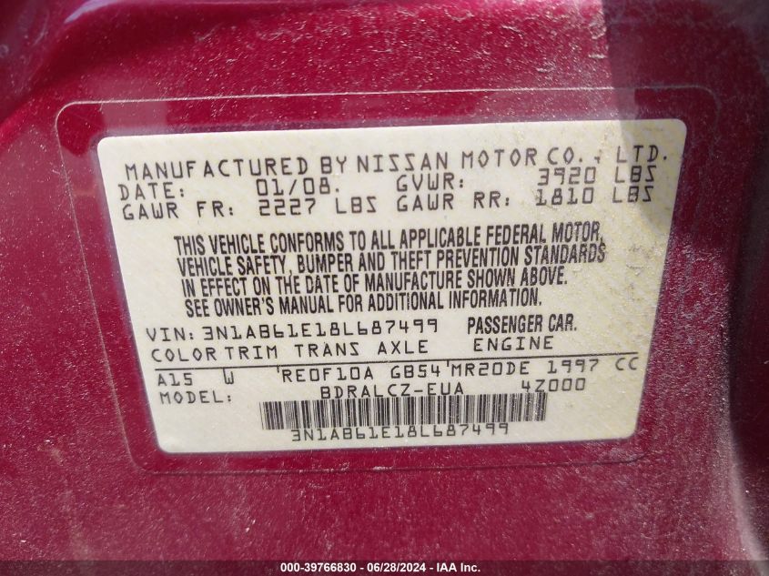 2008 Nissan Sentra 2.0 VIN: 3N1AB61E18L687499 Lot: 39766830