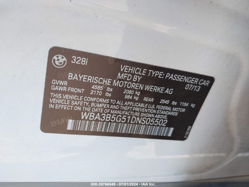 2013 BMW 328I xDrive VIN: WBA3B5G51DNS05502 Lot: 39766849
