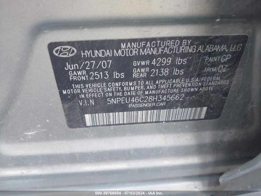 5NPEU46C28H345662 | 2008 HYUNDAI SONATA