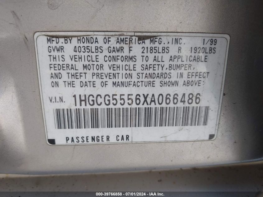 1999 Honda Accord Ex VIN: 1HGCG5556XA066480 Lot: 39766858