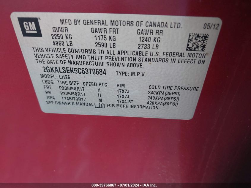 2012 GMC Terrain Sle-2 VIN: 2GKALSEK5C6370684 Lot: 39766867