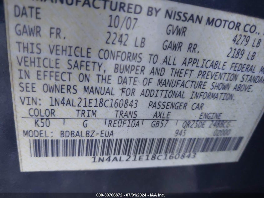2008 Nissan Altima 2.5 S VIN: 1N4AL21E18C160843 Lot: 39766872