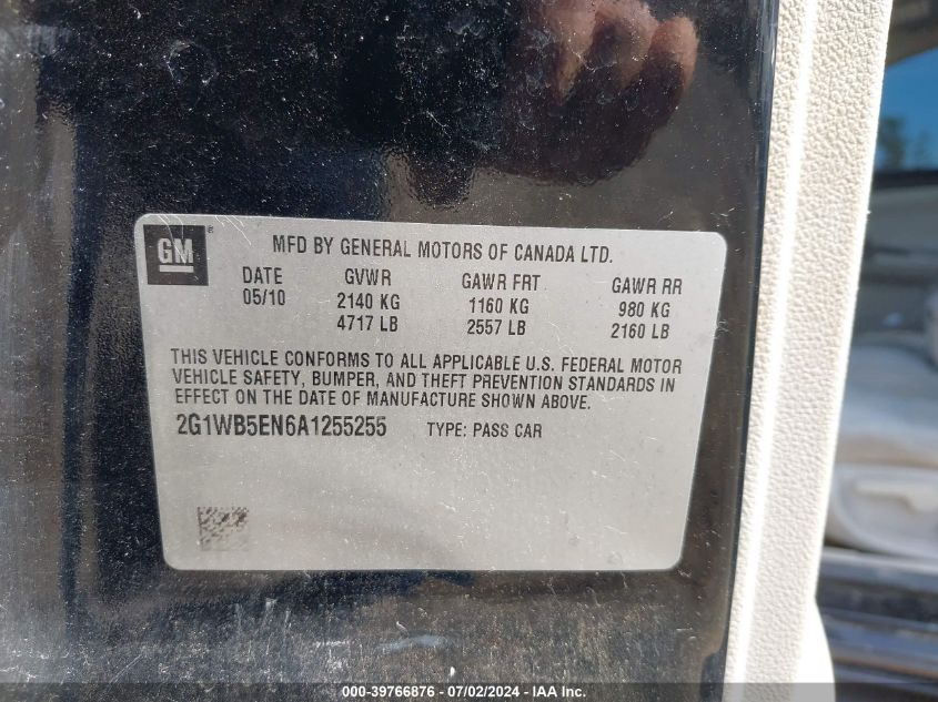 2010 Chevrolet Impala Lt VIN: 2G1WB5EN6A1255255 Lot: 39766876