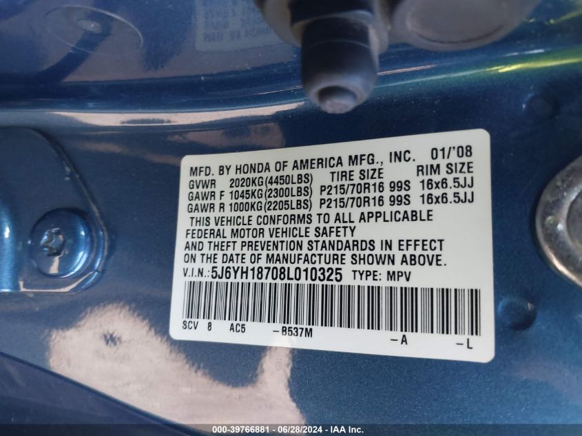 2008 Honda Element Ex VIN: 5J6YH18708L010325 Lot: 39766881